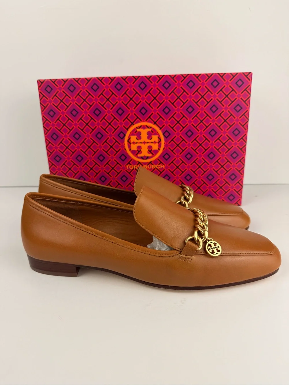 Tory Burch Mini Benton Charm Loafers Ambra Brown Leather Gold Chain Size 9